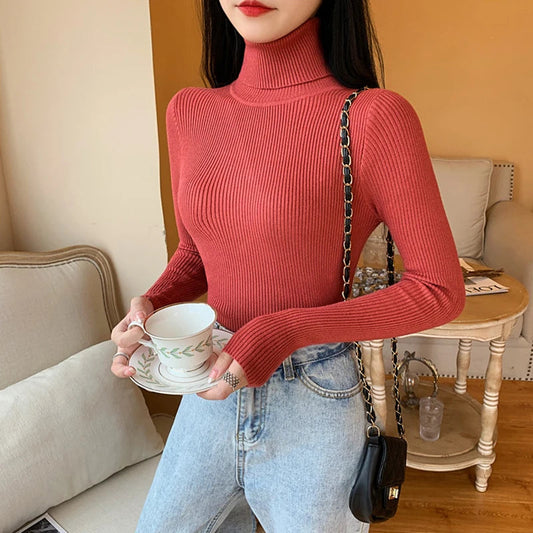 2025 Autumn Winter Women Long Sleeve Knitted Foldover Turtleneck Ribbed Pull Sweater Soft Warm Femme Jumper Pullover Clothes SS69 13.69 One Size / Brick Red