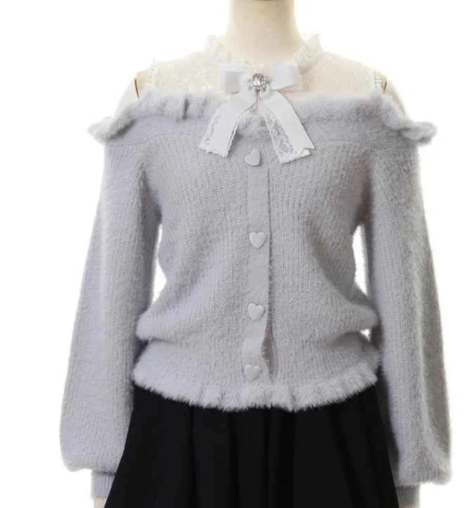 Liz Sweater Japanese Mass Production Autumn and Winter Woolen Off Shoulder Lace Slim Short Sweater Soft Furry Knitted Pullover