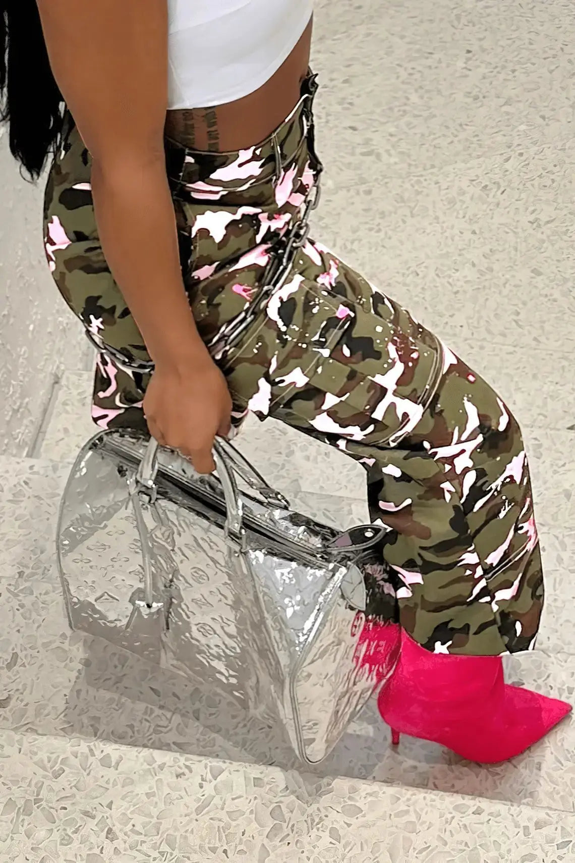 FAGADOER Pink Camouflage Print Pants Women Y2K Streetwear Button Pocket patchwork Straight Pants Hot girl Bottoms 2025 SS69