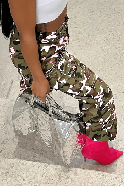 FAGADOER Pink Camouflage Print Pants Women Y2K Streetwear Button Pocket patchwork Straight Pants Hot girl Bottoms 2025 SS69