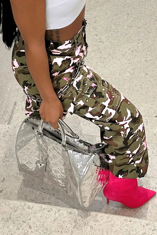 FAGADOER Pink Camouflage Print Pants Women Y2K Streetwear Button Pocket patchwork Straight Pants Hot girl Bottoms 2025 SS69