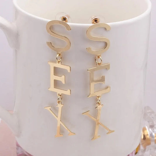 Punk Letter SEX Shape Dangle Earrings for Women Vintage European Metal Drop Earrings Golden Silver Color Black Red Green Jewelry SS69