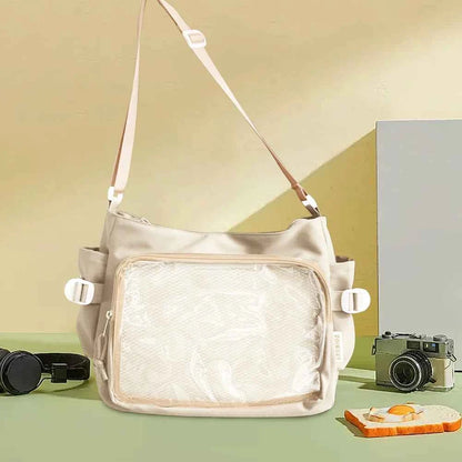 Women Ita Bag Japanese Style Shoulder Purse with Clear Window Cartoon Book Bag Multi-pockets Adjustable Strap Trendy Outdoor Bag