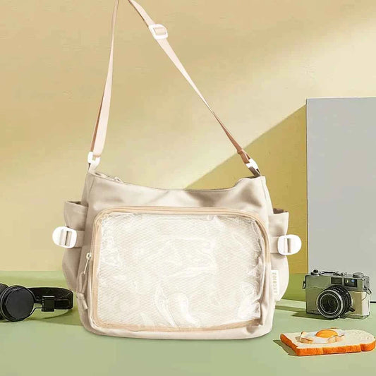 Women Ita Bag Japanese Style Shoulder Purse with Clear Window Cartoon Book Bag Multi-pockets Adjustable Strap Trendy Outdoor Bag