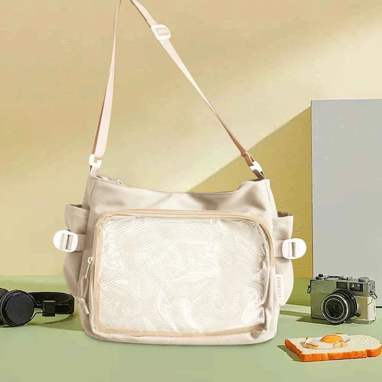 Women Ita Bag Japanese Style Shoulder Purse with Clear Window Cartoon Book Bag Multi-pockets Adjustable Strap Trendy Outdoor Bag