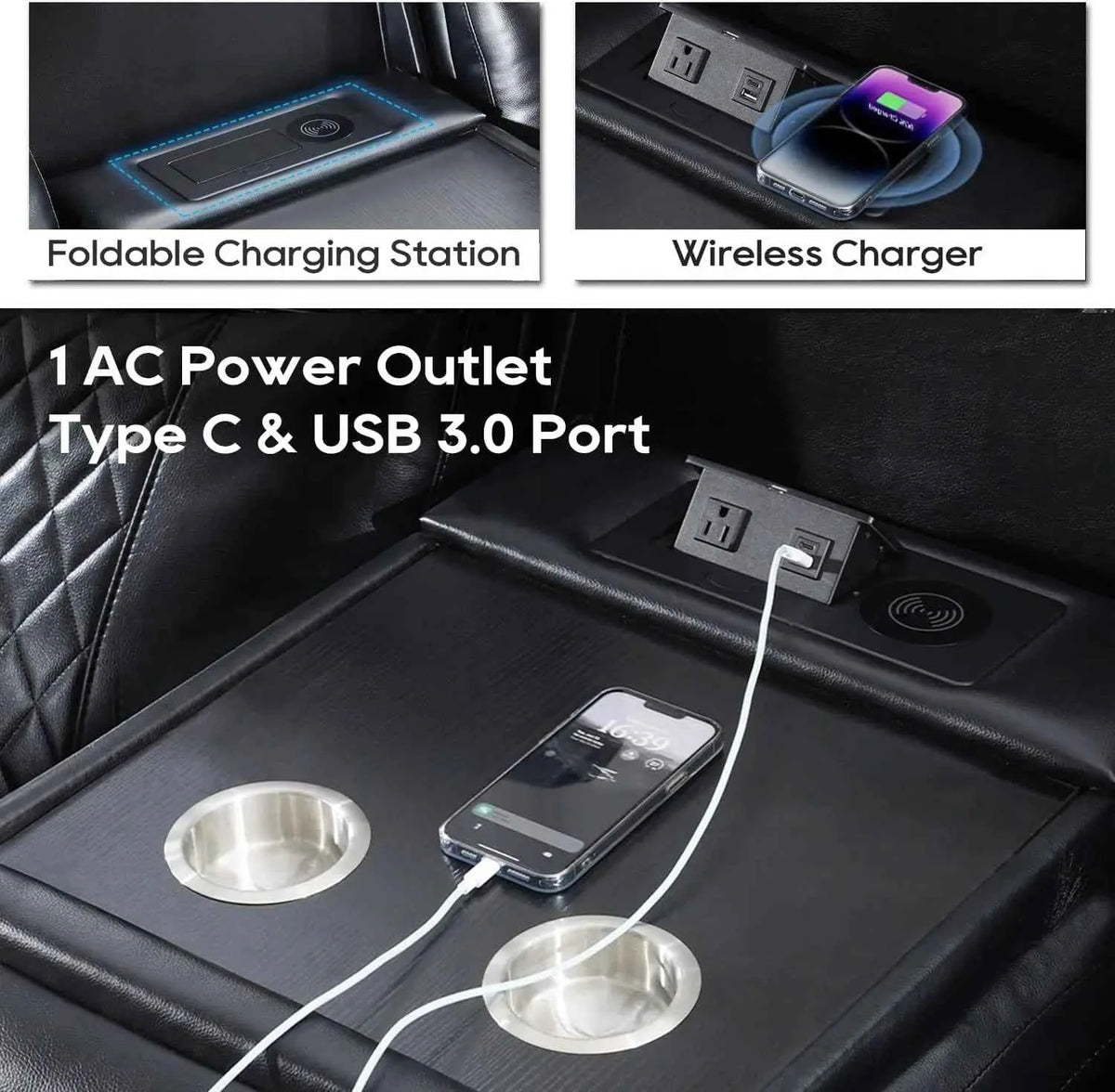 TODRANI Power Reclining Sofa 0 Gravity w/ Wireless Charger,LED Floor Lights,Reading Light, Drop-down Table USB/Type-C Port(070)
