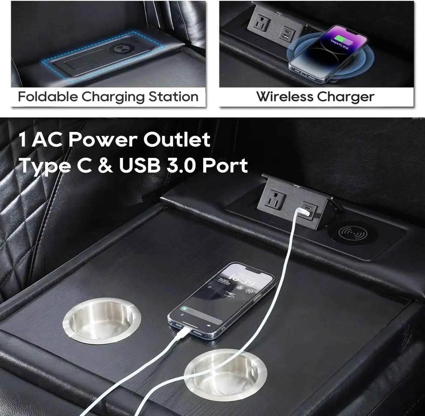 TODRANI Power Reclining Sofa 0 Gravity w/ Wireless Charger,LED Floor Lights,Reading Light, Drop-down Table USB/Type-C Port(070)