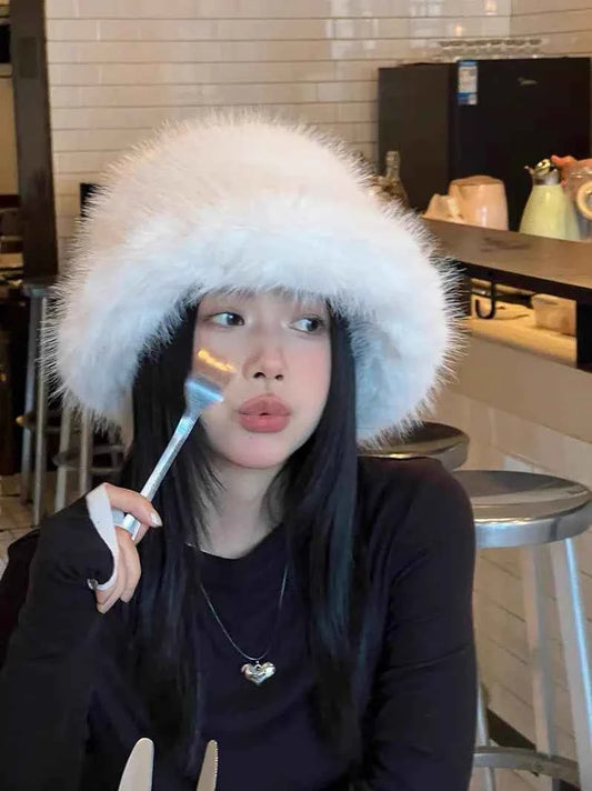 2025 Fluffy Faux Fur Bucket Hats Women Rabbit Fur Warm Thick Plush Winter Hat Lady Fashion Luxury Panama Furry Fisherman Cap Y2k
