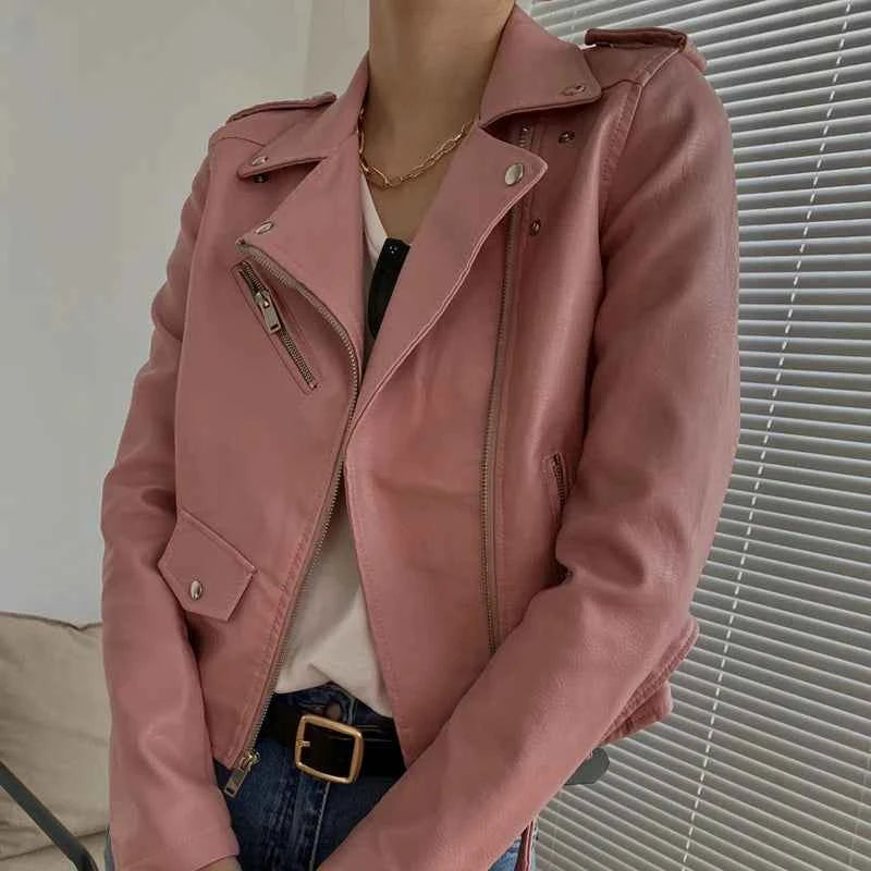 New Leather Jacket Women's Fashion Autumn PU Slim Fit Artificial Leather Motorcycle Coat Black Red Leather Jacket Women