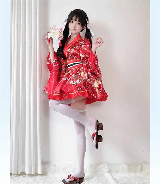 Japanese Kimono Yukata Robes Kawaii Girls Floral Printed Haori Suit Lovely Lolita Dress For Women Maid Cosplay Costume Halloween