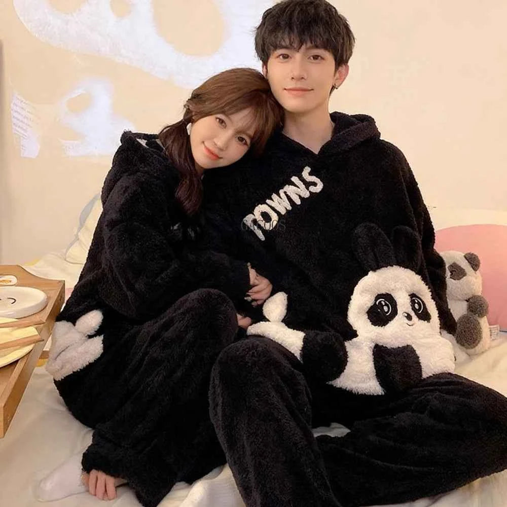 Adult Winter Thicken Sleepwear Pajamas Set Women Coral Fleece Pyjama Cartoon Deer Panda Hooded Homewear Loungewear Pijamas Suit