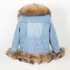 2026 MAOMAOKONG Winter Clothing Women's Denim Jacket Detachable Fox Fur Lining With Real Raccoon Fur Collar Jean Jacket Fur Coat