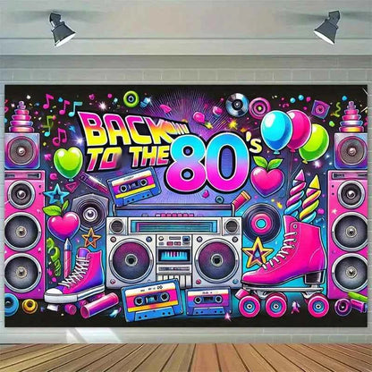 Retro 80s party background - polyester background, neon lights, tapes, amplifiers and the text "Back to the 80s"
