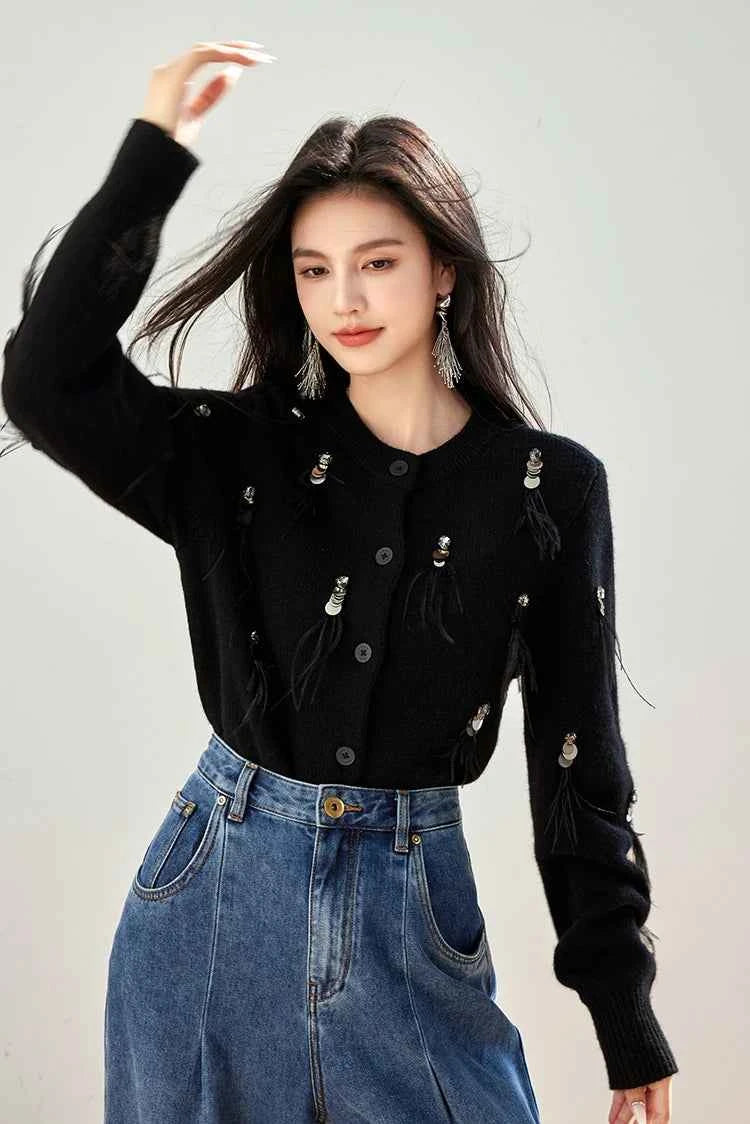 H Han Queen Autumn Simple Basic Black Tasseled Sequins Knitted Coats Cardigan Sweater For Womens Tops Long Sleeve Cardigans