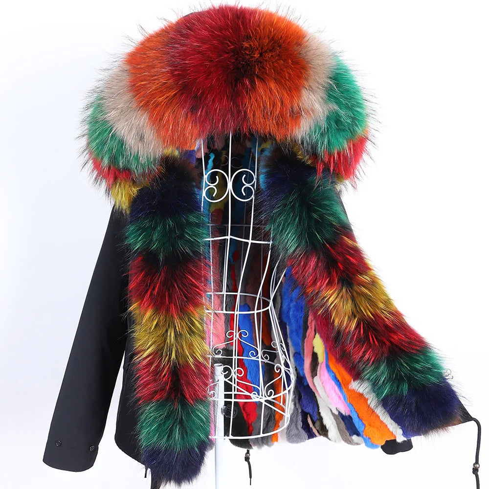 Maomaokong Winter Women Parka Cotton Jacket Real Fur Coat Natural Fox Fur Hooded Rabbit Fur Liner Thick Warm Outerwear Female