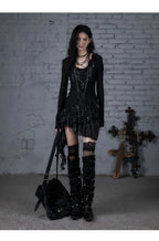 NO ROMANCE Fairy Sexy Punk Printing Half Transparent Lace Patch Knitted Long Sleeve Hooded Dresses Rock Gothic Design Vestidos SS69