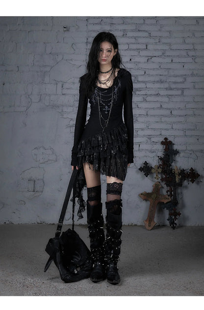 NO ROMANCE Fairy Sexy Punk Printing Half Transparent Lace Patch Knitted Long Sleeve Hooded Dresses Rock Gothic Design Vestidos SS69