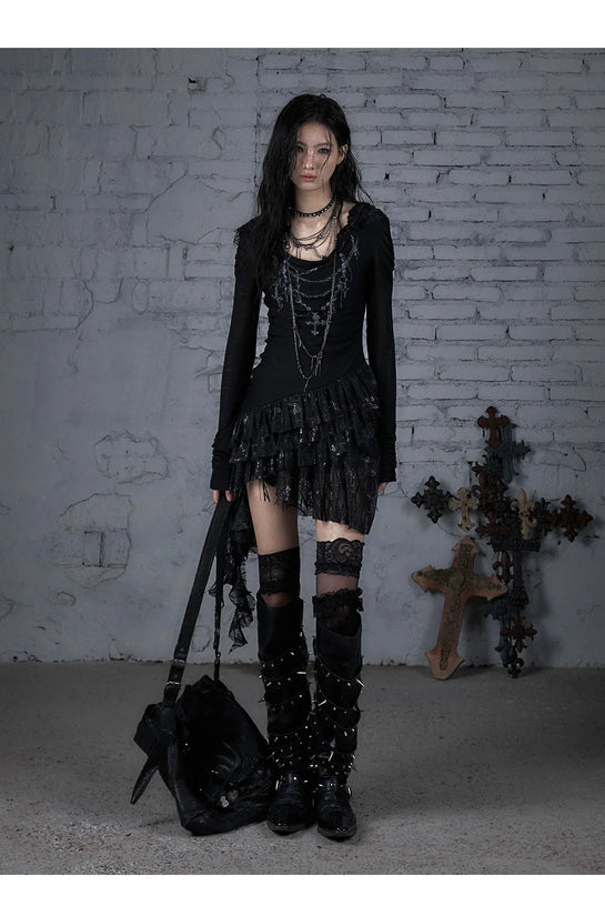 NO ROMANCE Fairy Sexy Punk Printing Half Transparent Lace Patch Knitted Long Sleeve Hooded Dresses Rock Gothic Design Vestidos SS69