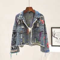 2025 Spring Autumn Women Street Fashion Graffiti Denim Jacket Female Short Frayed Raw Cut Rivet Jacket Fringe Jean Coat Outwear SS69 55.69 blue / One Size