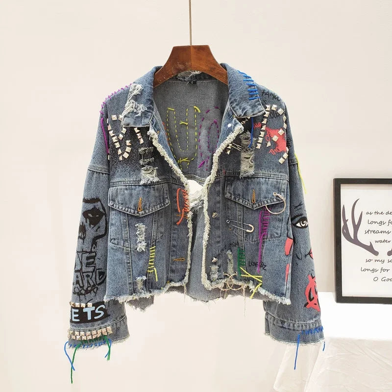2025 Spring Autumn Women Street Fashion Graffiti Denim Jacket Female Short Frayed Raw Cut Rivet Jacket Fringe Jean Coat Outwear SS69 55.69 blue / One Size