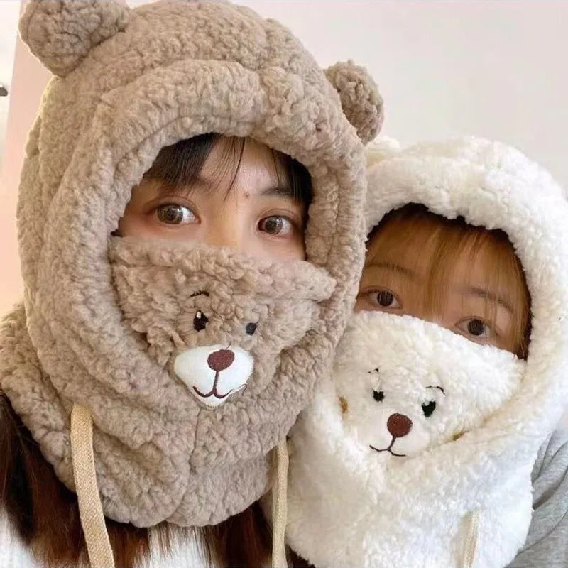 Winter Cartoon Hat With Mask Bear Lamb Beanie Hats Warm Thickened Ear Protection Skullies Beanies for Women Girl Kawaii SS69