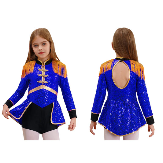 Moggemol Girls Sequin Ringmaster Bodysuit Long Sleeve Circus Costume
