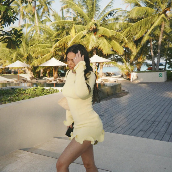 Women Fashion Solid Ruffles Hem Mini Dress Elegant Long Sleeve High Waist Slim Dresses 2025 Summer Vocation Street Vestidos SS69