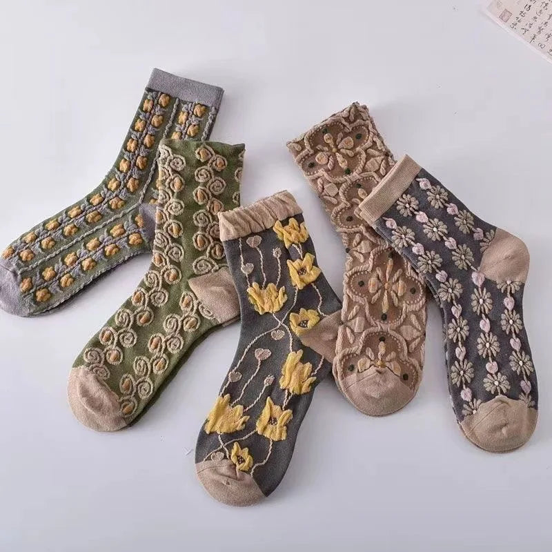 Cotton Fashion Korea Harajuku Retro Floral Vintage Woman Socks Novelty Ethnic Elegant Casual Ladies Girls Dress Brown Sox Autumn SS69