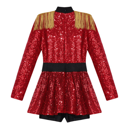 inlzdz Women's Circus Ringmaster Costume Sequin Tassel Leotard Dress