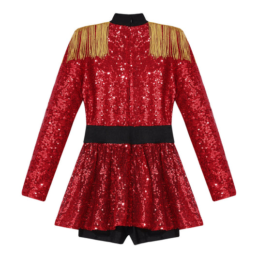 inlzdz Women's Circus Ringmaster Costume Sequin Tassel Leotard Dress