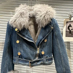 Winter Women Denim Coat Jacket Fox Collar Short  Warm High Street Outerwear Thicken Coat High Quality Luxury Design Party Wear