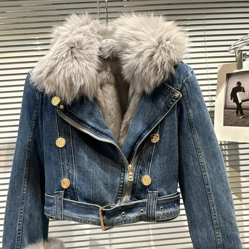 Winter Women Denim Coat Jacket Fox Collar Short  Warm High Street Outerwear Thicken Coat High Quality Luxury Design Party Wear