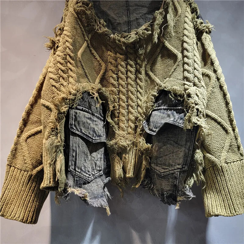 [EWQ] Vintage Long Sleeve Denim Pockets Patchwork V-Neck Orange-red Sweater Loose Tops Old Designs Women Pullover Knitted 6U1329 SS69