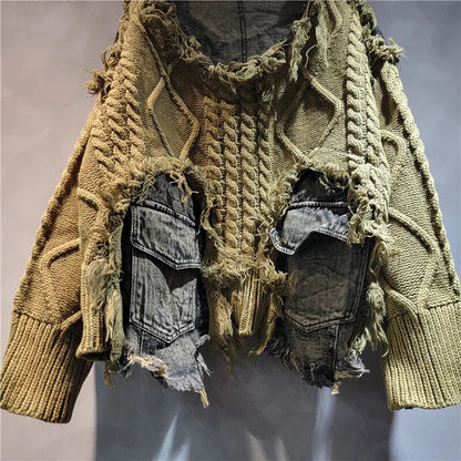 [EWQ] Vintage Long Sleeve Denim Pockets Patchwork V-Neck Orange-red Sweater Loose Tops Old Designs Women Pullover Knitted 6U1329 SS69