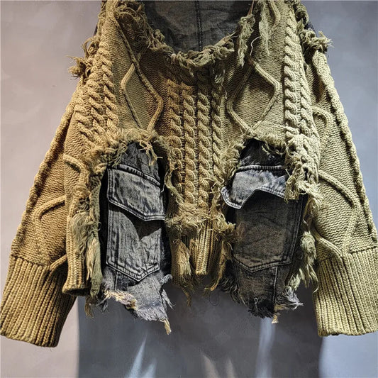 [EWQ] Vintage Long Sleeve Denim Pockets Patchwork V-Neck Orange-red Sweater Loose Tops Old Designs Women Pullover Knitted 6U1329 SS69