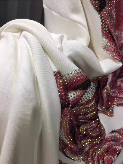 Oversized Rhinestone light luxury rose round-neck long-sleeved top pull-over women's sportswear SS69