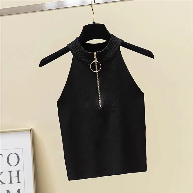 Retro Zipper Crop Tops Women Short Knitted Camisole Sleeveless Leisure Tank Top Camis Summer 2022 New SS69
