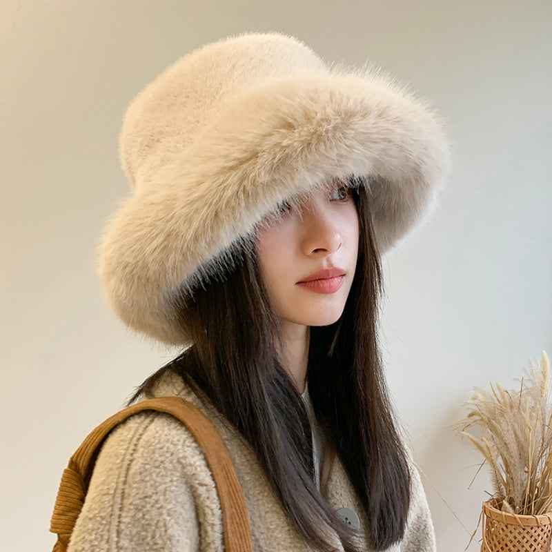2025 Fluffy Faux Fur Bucket Hats Women Rabbit Fur Warm Thick Plush Winter Hat Lady Fashion Luxury Panama Furry Fisherman Cap Y2k