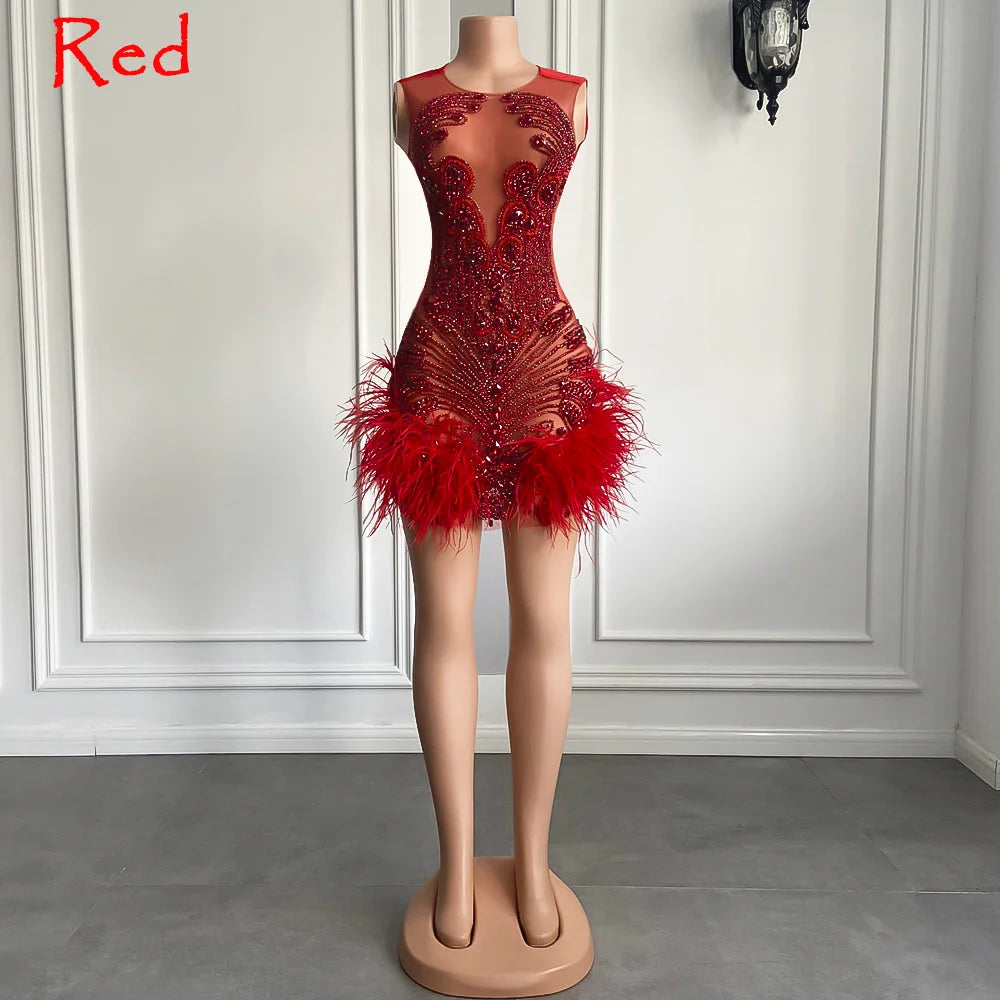 Stunning Sparkly Luxury Diamond Women Birthday Party Cocktail Gowns Sexy Sheer Pink Feather Mini Short Prom Dresses 2025 SS69