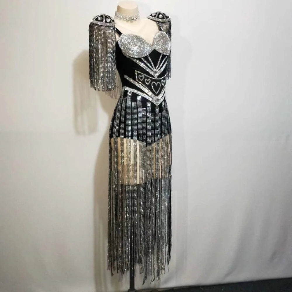 Sparkly White Rhinestones Tassels Epaulet Bodysuit Nightclub Dancer Group DJ Dance Costume Sexy Fashion Singer Stage Wear SS69