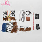 Mobbunny Women Cowgirl Tassel Suit Hippie Style Cosplay Costume Cow Denim Top and Skirt with Gloves Belt Halloween
