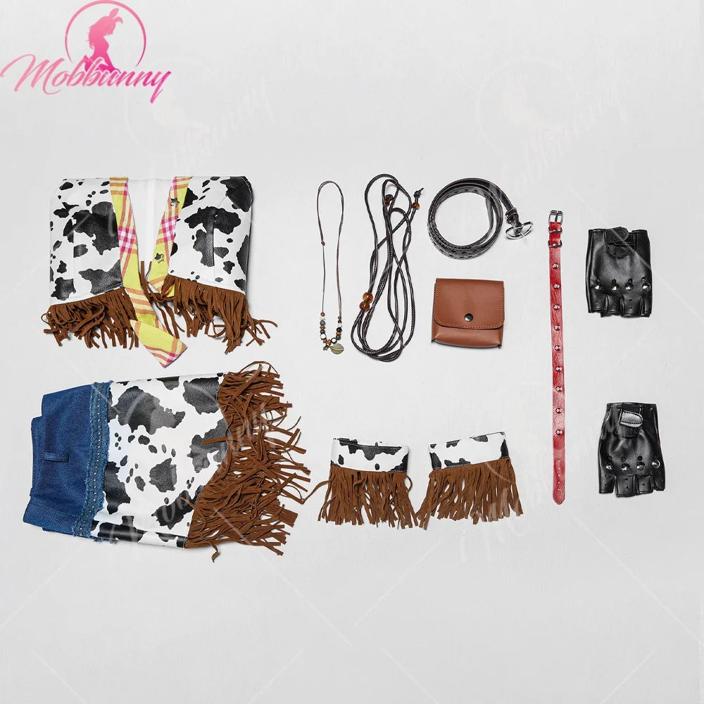 Mobbunny Women Cowgirl Tassel Suit Hippie Style Cosplay Costume Cow Denim Top and Skirt with Gloves Belt Halloween