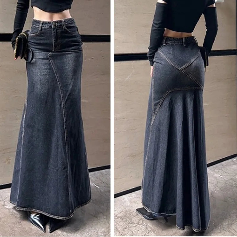 Maxi Skirt Women Casual Mermaid Streatwear High Waist Zipper Denim Skirts Y2k Streetwear Loose Long Mom Jeans Ankle Lenth Summer SS69