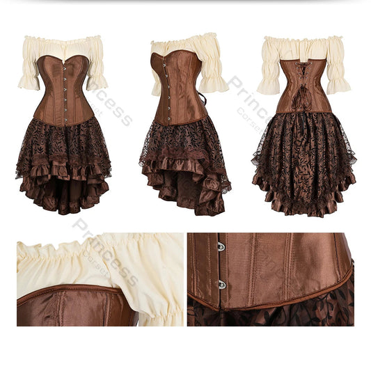 Brown Pirate Dress Plus Size Faxu Leather Steampunk Corset Dress with Shoulder Off Blouse Cosplay Pirate Costume for Women SS69