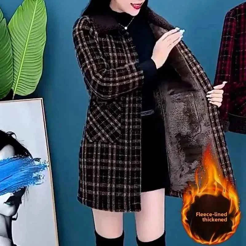 Fashionable Fleece Lined Thickened Medium Length Outerwear for Women Elegant High Quality Slimming Mommy Style Autumn Winter Clo