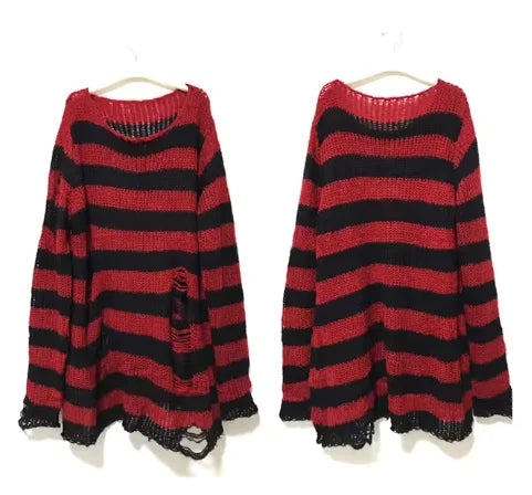 New Women's Punk Gothic Oversized Pullover Sweater Striped Hollow out Cool Harajuku Aesthetics Spring Autumn