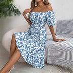 Summer Women's Beach Dress Floral 3D Print Square Neck Short-Sleeved Ladies Waist Ruffled A-Line Dress For Women Holiday Dresses