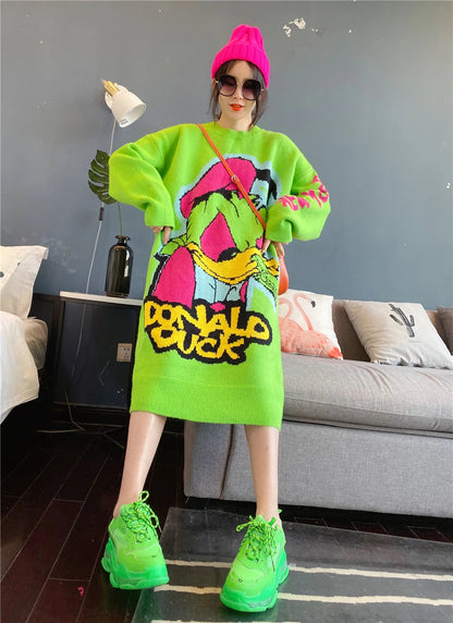 Korean Long-Sleeved Pullover Sweater Loose Fashion Women Autumn Winter Cartoon Embroidered Thickened Long Section Knitted Top SS69