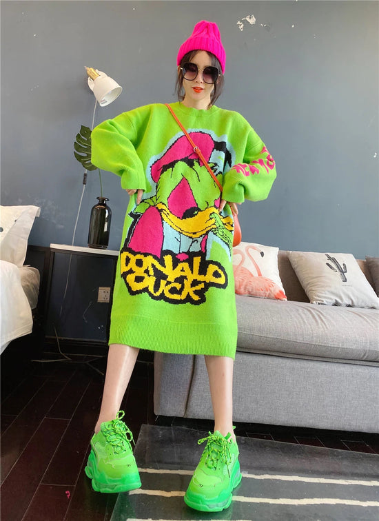 Korean Long-Sleeved Pullover Sweater Loose Fashion Women Autumn Winter Cartoon Embroidered Thickened Long Section Knitted Top SS69