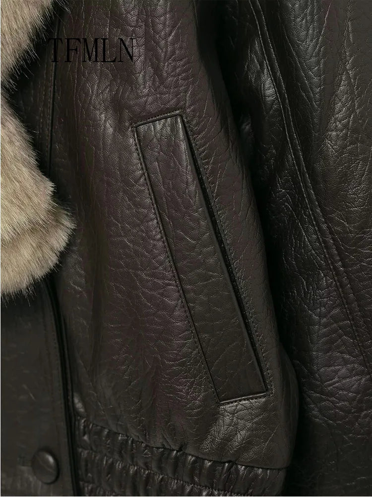 TFMLN Women's Faux Leather Jacket with Detachable Fur Collar